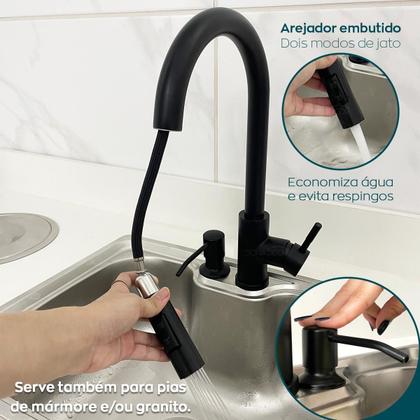 Imagem de Torneira Pia Cozinha Preta E Dispenser Dosador Detergente Preto 500ml Kit Cozinha Inox 304 Porta Detergente De Embutir Gourmet Monocomando Misturador