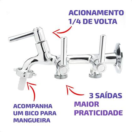 Imagem de Torneira Tanque e Máquina de Lavar 3 Saídas Metal com Bico Mangueira Jardim Quintal