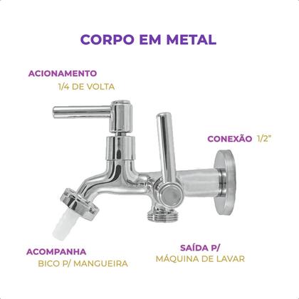 Imagem de Torneira Tanque Jardim Metal Cromado 2 Saídas e Bico para Mangueira Uso Geral Multiuso Quintal Casa