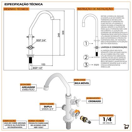 Imagem de Torneira Tanque Maquina Cozinha Mesa Bancada Duas Saídas Cromada Bica Móvel Metal Luxo