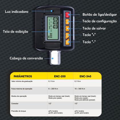 Imagem de Torquímetro Digital 1 2 com Adaptadores 1 4 e 3 8 13.5 135 N m 2 Tela Iluminada Alerta Sonoro Visual