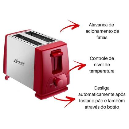 Imagem de Torradeira Elétrica Inox Vermelha 110v Lenoxx 6 Níveis Tostadeira