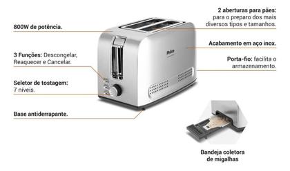 Imagem de Torradeira Philco PTR03A 7 Níveis de Tostagem 3 Funções Inox 110V