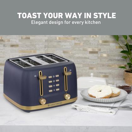 Imagem de Torradeira West Bend Timeless para 4 Fatias com 7 Níveis de Tostagem, Funções Bagel/Waffle/Descongelar, Alavanca de Elevação Alta, Anti-Travamento, Bandeja de Migalhas Fácil de Limpar, 4 Fatias, Azul/Dourado