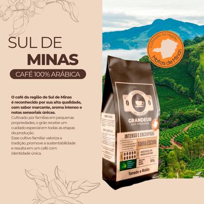 Imagem de Torrado e Moído Granulometria Fina Grandeur Café Tradicional Torra Escura 100 Arábica 500g Notas Sensoriais Amadeiradas