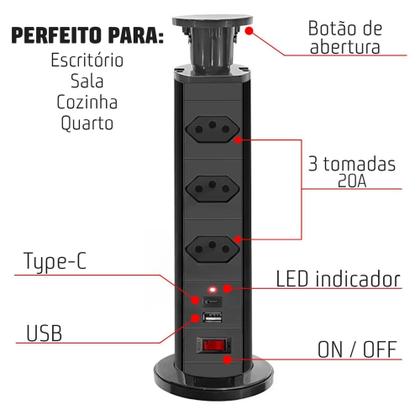 Imagem de Torre 3 Tomada 20a Bancada Retrátil Embutir Usb e Tipo-c - B-MAX