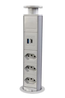 Imagem de Torre De 3 Tomadas Usb A Usb C Multiplug 20a Retrátil Cinza