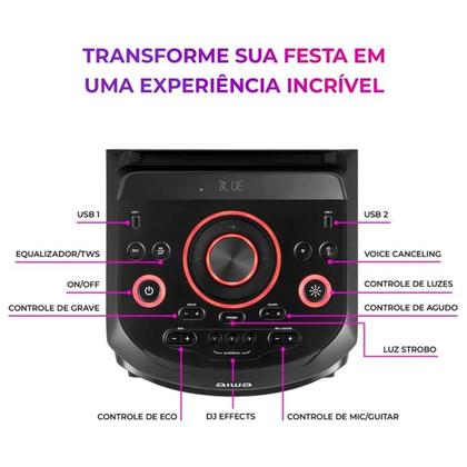 Imagem de Torre De Som AIWA, RGB, Bivolt, Bluetooth 5.3, TWS, 2 Woofers 10, Preto - AWS-T2W-02