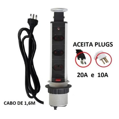 Imagem de Torre De Tomada C/ 3 Entradas 10a/20a Retratil Embutir Prata Mesa