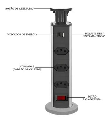 Imagem de Torre De Tomada de Embutir Retrátil Multiplug 3 Tomadas e USB Para Bancada