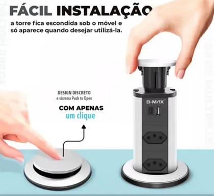 Imagem de Torre De Tomada de Embutir Retrátil Multiplug 3 Tomadas e USB Para Bancada