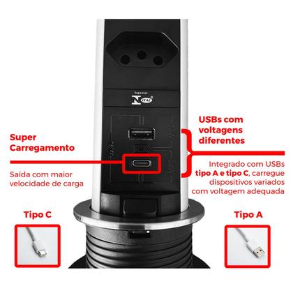 Imagem de Torre De Tomada Inox Multiplug Com 2 Tomadas 1 USB e 1 USBC