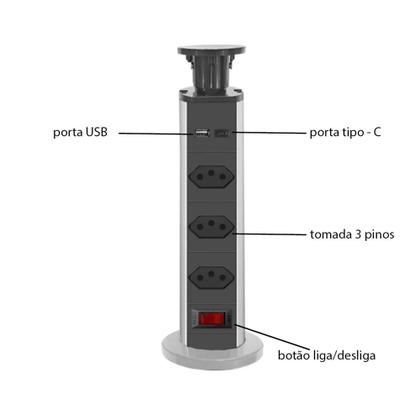 Imagem de Torre de Tomada Multiplug Retrátil 3 Tomadas e USB+USB-C Embutir Bancada Cyl-tt2