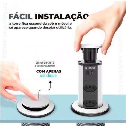 Imagem de Torre de Tomada Multiplug USB Retratil Tipo-C Embutir Mesa