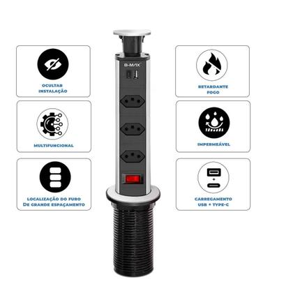 Imagem de Torre de Tomada Multiplug USB Retratil Tipo-C Embutir Mesa
