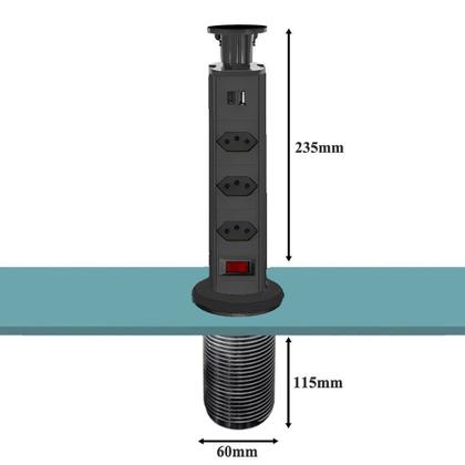 Imagem de Torre De Tomada Para Bancada Embutir Retrátil Com 3 Tomadas