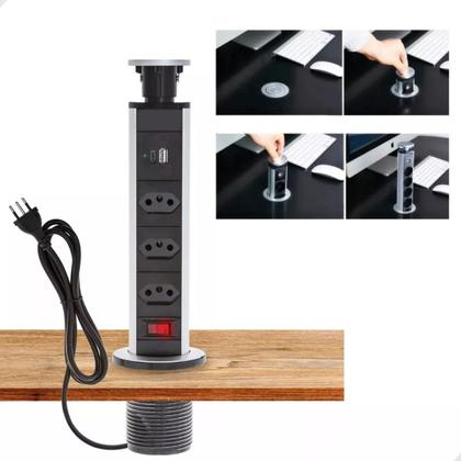 Imagem de Torre De Tomada Para Bancada Embutir Retrátil Com 3 Tomadas