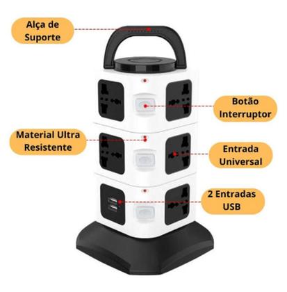 Imagem de Torre De Tomadas Bancada Com Usb Cel Regua Vertical 2 Metros Extensão Vertical