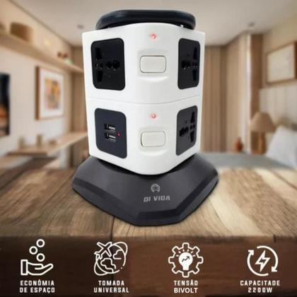 Imagem de Torre de Tomadas com 7 Saídas e 2 USB - Ideal para Tecnologia