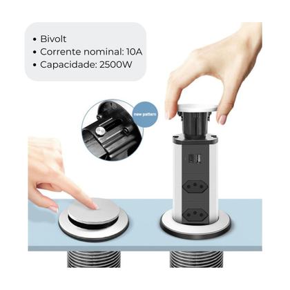 Imagem de Torre De Tomadas Multiplug 3 Entradas Retrátil Embutir Mesa Bivolt