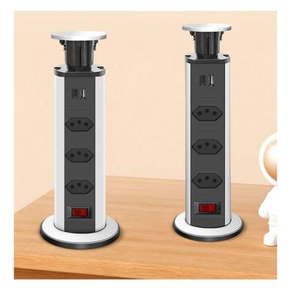 Imagem de Torre De Tomadas Multiplug 3 Entradas Retrátil Embutir Mesa Bivolt
