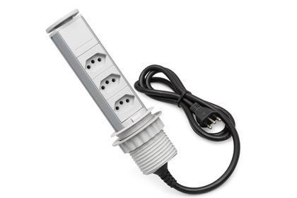 Imagem de Torre Tomada 3 Elétrica 10A - Cozinha - Cinza Totem Multiplug Extensão Antichoque Choque Retrátil Embutir Sobrepor em Mesa Bancada ou Móvel