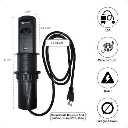 Imagem de Torre Tomada Automática Indução Wireless 1 T + 2 USB Preta
