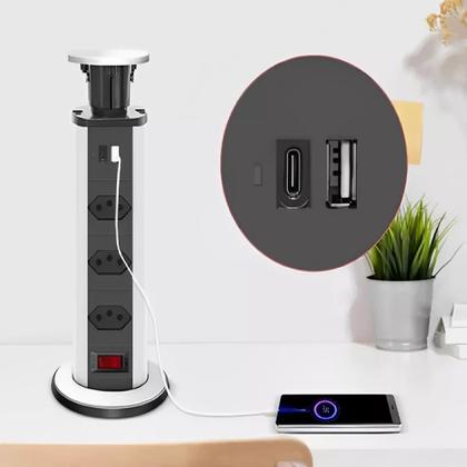 Imagem de Torre Tomada Multiplug Embutir Retrátil Mesa Usb Tipo C BM 8691 Cor Preto Cinza