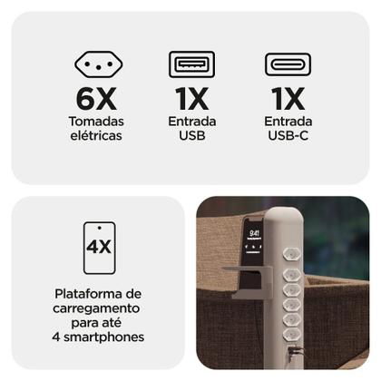 Imagem de Totem Elétrico Easy Plug Octoo, Com 6 Tomadas + 01 USB e 01 USB-C, Ice Silver Com Suporte Para Smartphones - 10025