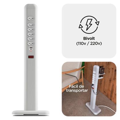 Imagem de Totem Elétrico Easy Plug Octoo, Com 6 Tomadas + 01 USB e 01 USB-C, Ice Silver Com Suporte Para Smartphones - 10025