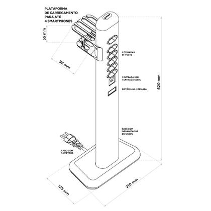 Imagem de Totem Elétrico Easy Plug Octoo, Com 6 Tomadas + 01 USB e 01 USB-C, Ice Silver Com Suporte Para Smartphones - 10025