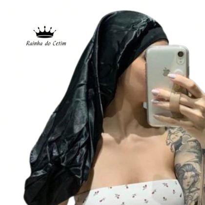 Imagem de touca de cetim com faixa gigante touca longa para cacheada touca box dread touca para  trancas
