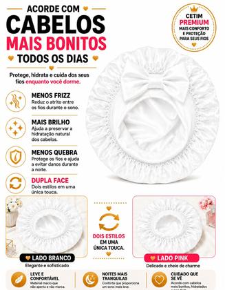 Imagem de Touca de Cetim de Seda Dupla Anti Frizz C/ Laço para Dormir Cabelo Liso Crespo Cacheados Cor Branca
