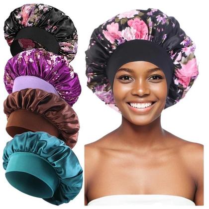 Imagem de Touca De Cetim Floral Com Aba Larga 4PCS Envoltório Para Cabelo Faixa Elástica Macia Touca De Dormir