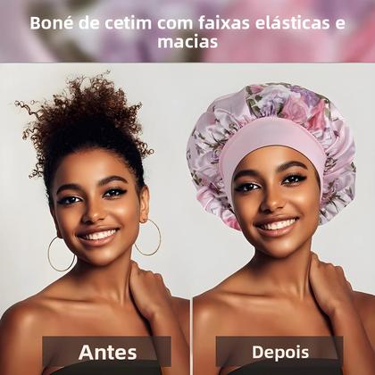 Imagem de Touca De Cetim Floral Com Aba Larga 4PCS Envoltório Para Cabelo Faixa Elástica Macia Touca De Dormir