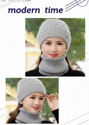 Imagem de Touca De Inverno Feminino Com Cachecol, Gorro Forrado Com Pele De Coelho Grosso