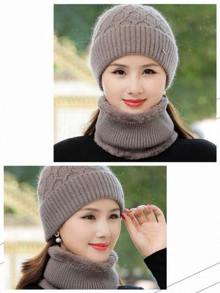 Imagem de Touca De Inverno Feminino Com Cachecol, Gorro Forrado Com Pele De Coelho Grosso