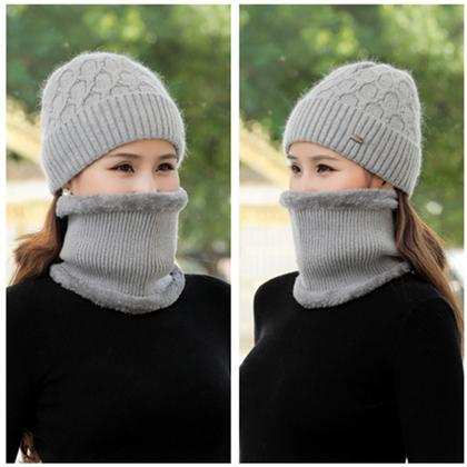 Imagem de Touca De Inverno Feminino Com Cachecol, Gorro Forrado Com Pele De Coelho Grosso
