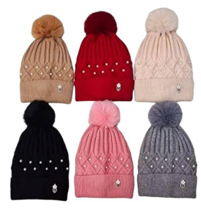 Imagem de Touca Feminina Com Pompom Gorro Forrado de Pelinho Chapéu de Lã Com Pérola