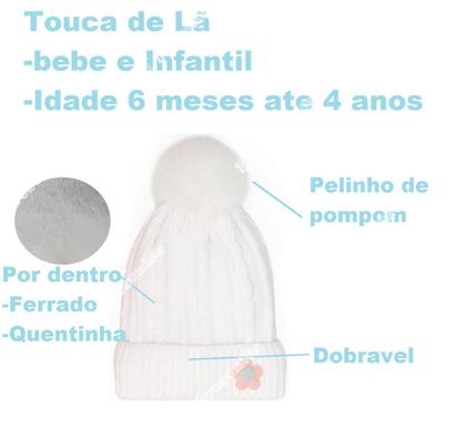 Imagem de Touca Infantil Gorro Bebês De Lã Forrada C/ Pelinho Pompom