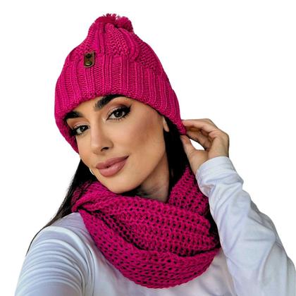 Imagem de Touca pompom feminina de lã e cachecol gola tricot frio kit