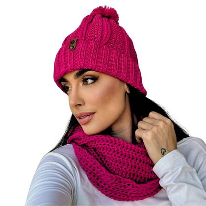 Imagem de Touca pompom feminina de lã e cachecol gola tricot frio kit