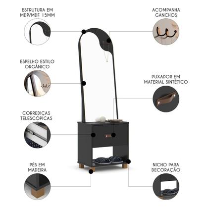 Imagem de Toucador Penteadeira com Espelho 1 Gaveta Organic Preto - EJ Móveis
