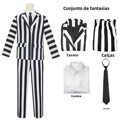 Imagem de Traje de Cosplay de Besouro Masculino - Preto e Branco Listrado - Halloween