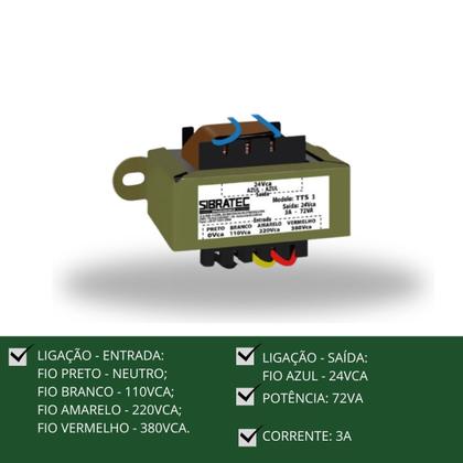 Imagem de Transformador de Comando Entrada 110 / 220V / 380Vca Saída 24Vca 3A - 72vA Sibratec