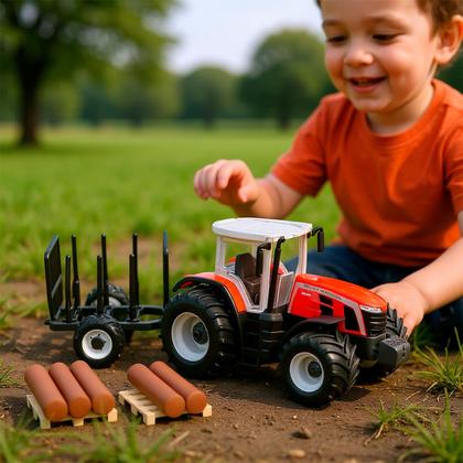 Imagem de Trator Massey Ferguson Modelo MF8S Tora Vermelho Colecionável Com Carreta Removivel