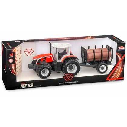 Imagem de Trator Massey Ferguson Modelo MF8S Tora Vermelho Colecionável Com Carreta Removivel