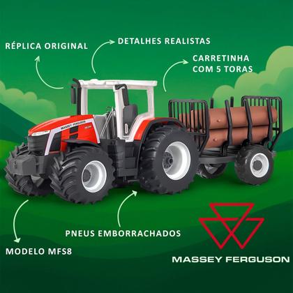 Imagem de Trator Massey Ferguson Modelo MF8S Tora Vermelho Colecionável Com Carreta Removivel