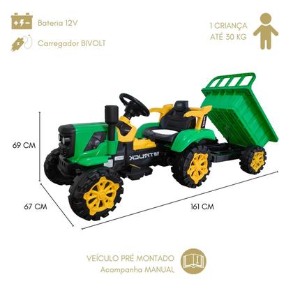 Imagem de Trator Motorizado Criança 12v Verde Acelerador Farol Led Ré