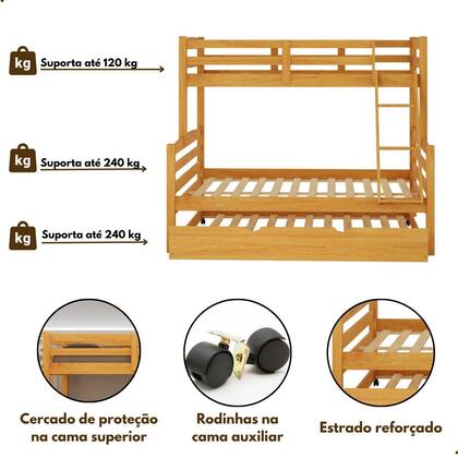 Imagem de Treliche Casal com cama auxiliar de casal Cor Mel Madeira com MDF e Grade de Proteção